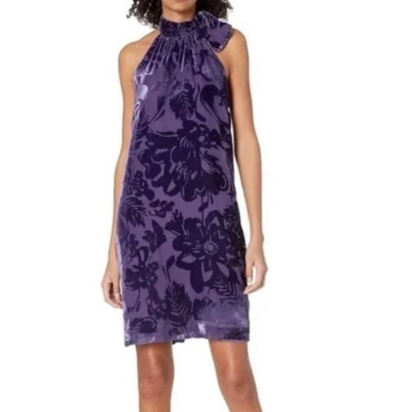 Trina Turk Womens Wish Burnout Shift Dress Purple Velvet Floral Halter size XS - Picture 1 of 12